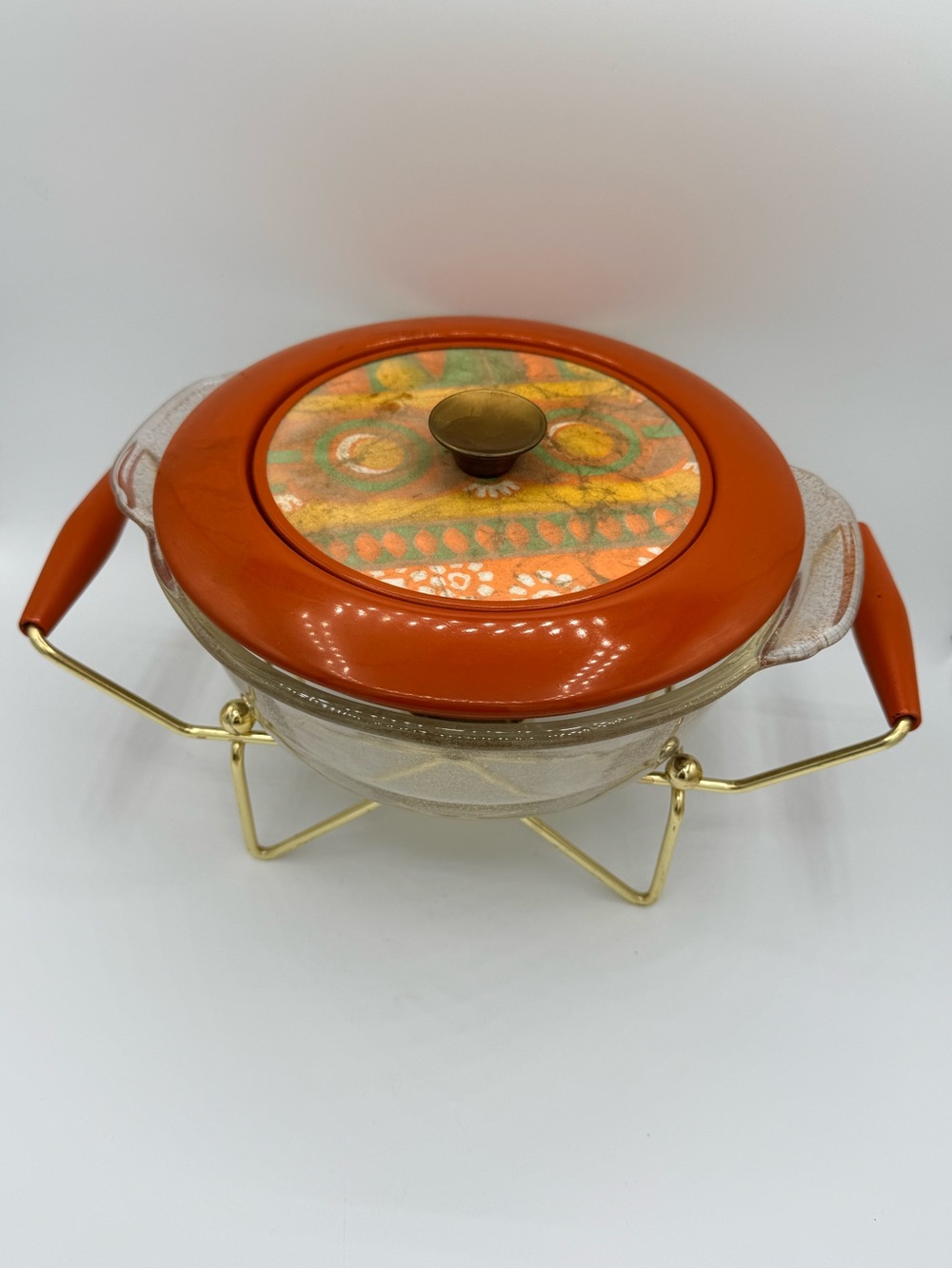 Georges Briard Fire-King  Glass Casserole with Gold flecks and Sterno Stand